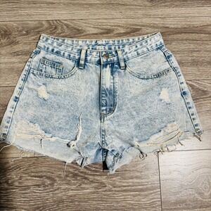 SHEIN Acid Wash Distressed Denim Shorts Size 27 High Waisted Ripped‎ Raw Hem